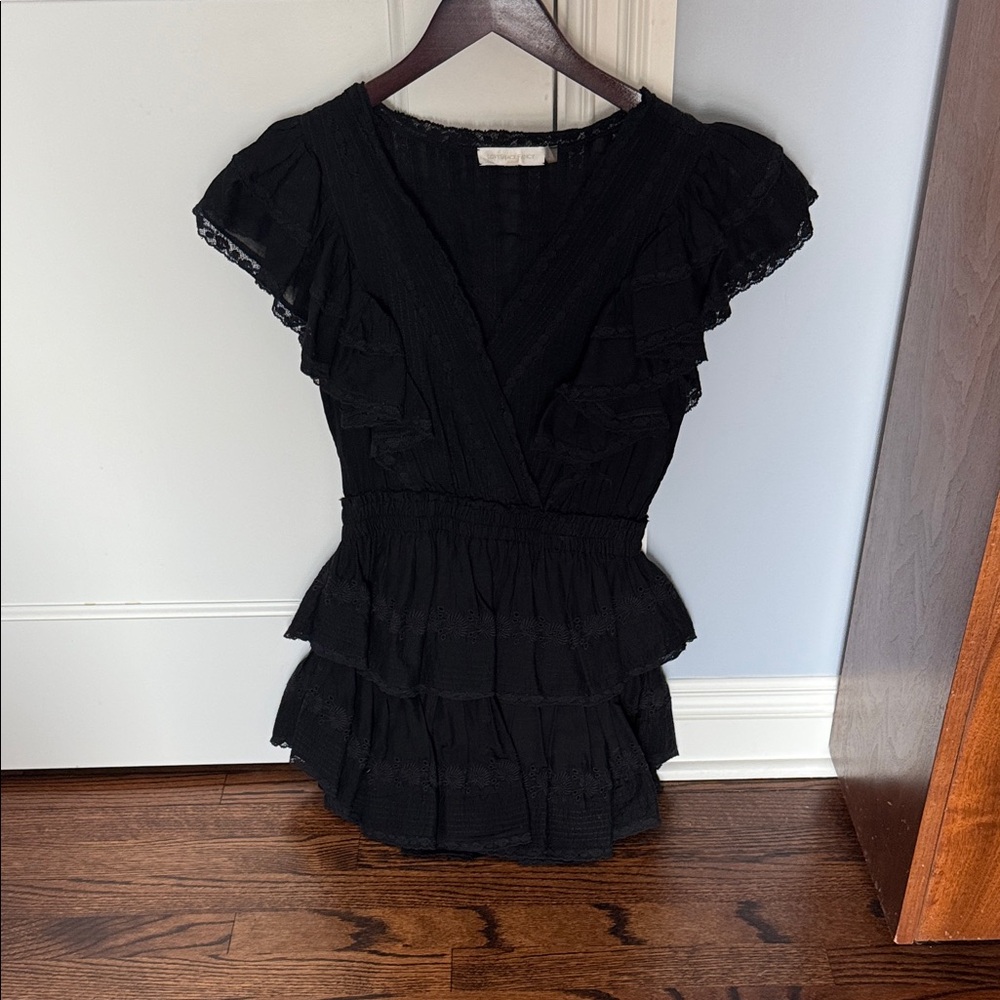 LOVESHACKFANCY Black Ruffled V-Neck Dress